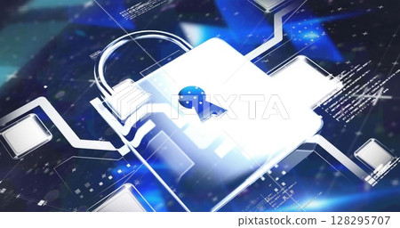 Image of online security padlock with data processing in background 128295707