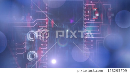 Image of binary coding and data processing on glowing computer circuit board Image of binary coding and data processing on glowing computer circuit board 128295709