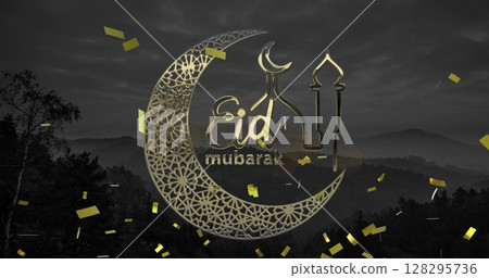 Image of eid mubarak text with crescent moon and mosque with confetti background Image of eid mubarak text with crescent moon and mosque with confetti background 128295736