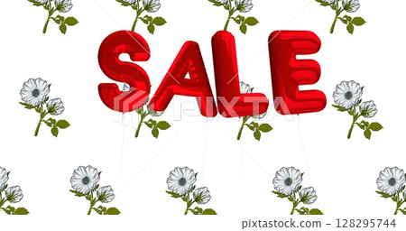 Image of sale text red balloons over flowers on white background Image of sale text red balloons over flowers on white background 128295744