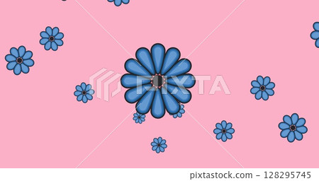 Image of multiple blue flowers moving over pink background Image of multiple blue flowers moving over pink background 128295745