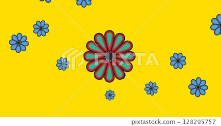 Image of multiple flowers moving over yellow background 128295757