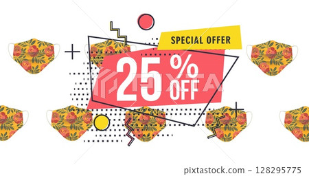 Image of 25 percent off text over banner and face masks in background 128295775
