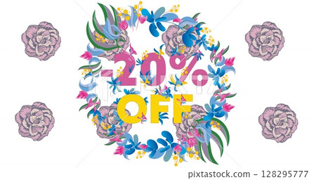 Image of 20 percent off text over flowers in background Image of 20 percent off text over flowers in background 128295777