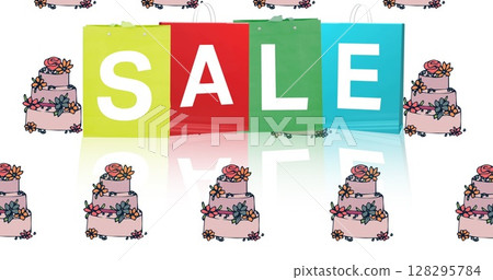 Sale text on colorful shopping bags against multiple cake icons on white background 128295784