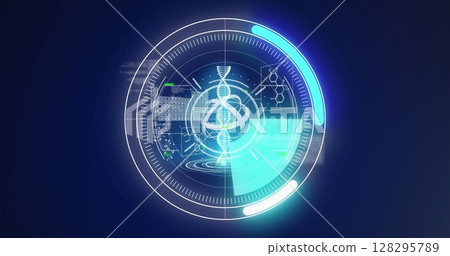 Image of scopes scanning, dna strand and data processing on digital screen 128295789