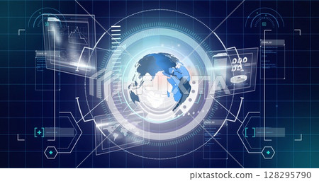 Image of scopes scanning, globe and data processing on digital screen Image of scopes scanning, globe and data processing on digital screen 128295790