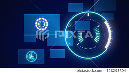 Image of scope scanning and data processing over screens on blue background 128295804