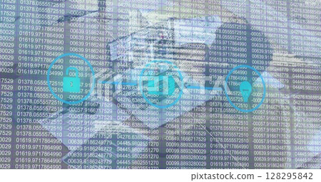 Image of online security padlock digital icons and numbers over woman on laptop image call Image of online security padlock digital icons and numbers over woman on laptop image call 128295842