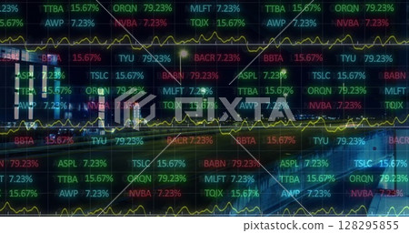 Stock market data processing against view of night city traffic Stock market data processing against view of night city traffic 128295855