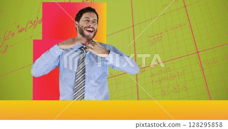 Image of data processing and mathematical equations over man feeling heat 128295858