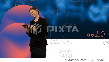 Image of data processing and mathematical equations over woman using tablet 128295862
