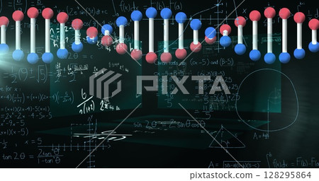 Image of dna strand spinning, data processing and mathematical equations over screens 128295864