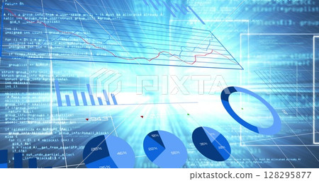 Digital image of statistical data processing against data processing on blue background 128295877
