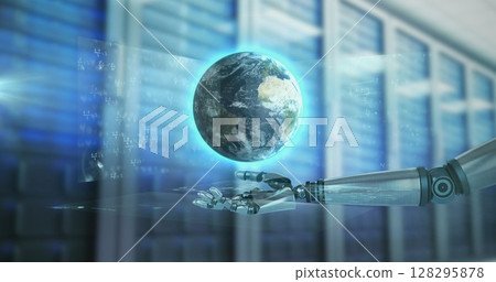 Image of globe and robotic hand over server room Image of globe and robotic hand over server room 128295878