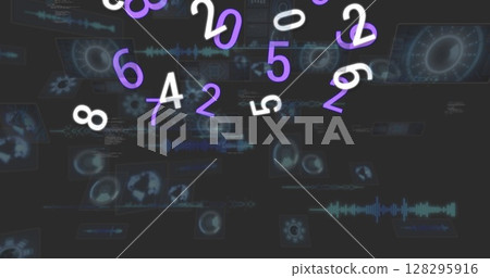 Digital image of multiple changing numbers against round scanners and data processing Digital image of multiple changing numbers against round scanners and data processing 128295916