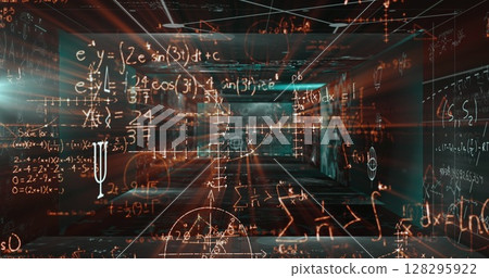 Mathematical equations floating against screens with mathematical symbols on green background 128295922