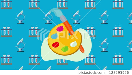Paint brush and color palette icon against microscope and test tubes icons on blue background Paint brush and color palette icon against microscope and test tubes icons on blue background 128295936