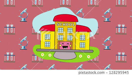 Image of school icon over chemistry icons on red background 128295945