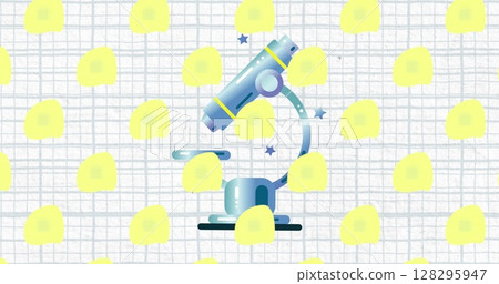 Multiple back to school text banners floating over microscope icon against squared lined paper 128295947