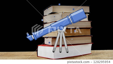 Image of blue microscope over stack of books on wooden desk, on black background 128295954