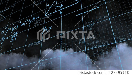 Mathematical equations over grid network against smoke effect on black background 128295968