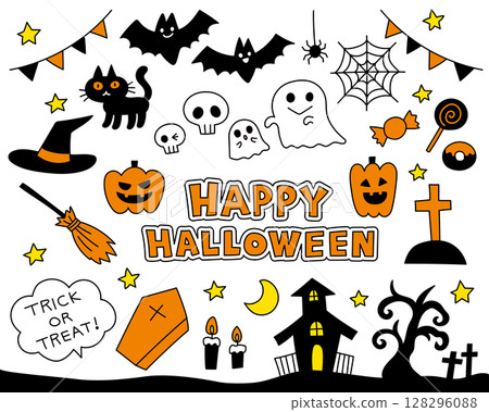 帶有大量萬聖節主題的流行可愛插圖向量 帶有大量萬聖節主題的流行可愛插圖向量 128296088