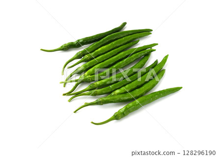 Green chili peppers (white background, copy space available) Green chili peppers (white background, copy space available) 128296190