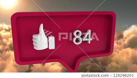 Red notification icon with thumbs up and number 84 floating above clouds Red notification icon with thumbs up and number 84 floating above clouds 128296201