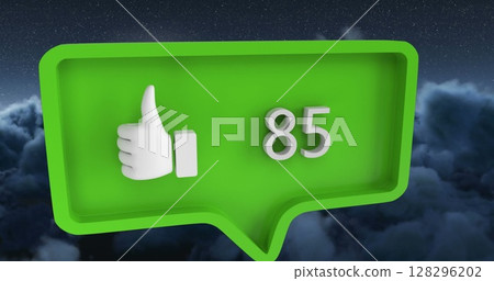 Green notification icon with thumbs up and number 85 floating above clouds Green notification icon with thumbs up and number 85 floating above clouds 128296202