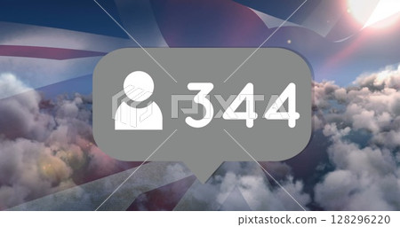 Social media notification icon with 344 followers over cloudy sky background 128296220