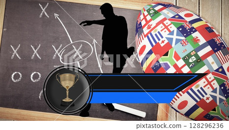 Image of trophy and empty banner over silhouetted player and american football of flags Image of trophy and empty banner over silhouetted player and american football of flags 128296236