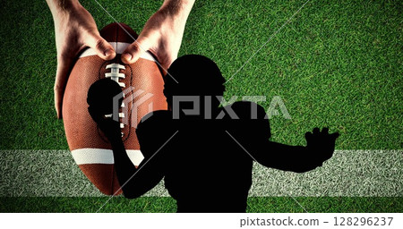 Image of gold confetti over american football player silhouette and hands holding football 128296237