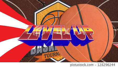 Image of words level up with red and white stripes and basketball over basketball court 128296244