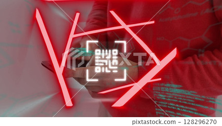 Neon qr code scanner and data processing against mid section of man using smartphone Neon qr code scanner and data processing against mid section of man using smartphone 128296270