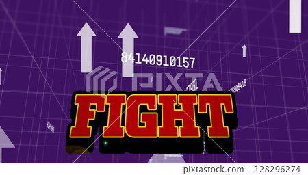 Fight text over multiple changing numbers and arrow moving upwards against purple background 128296274