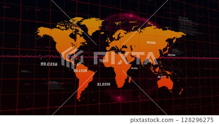 Image of data processing and numbers changing over grid and world map 128296275