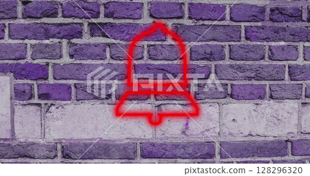 Neon red bell icon glowing on purple brick wall background Neon red bell icon glowing on purple brick wall background 128296320
