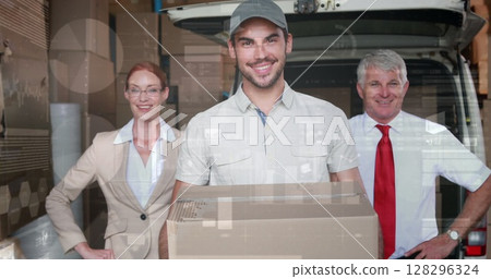 Screens with data processing against caucasian delivery man and male and female supervisor smiling Screens with data processing against caucasian delivery man and male and female supervisor smiling 128296324