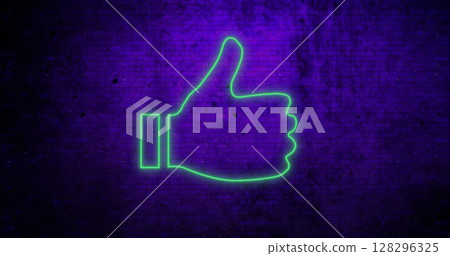 Neon green thumbs up glowing against dark brick wall, symbolizing approval Neon green thumbs up glowing against dark brick wall, symbolizing approval 128296325