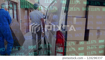 Image of financial data processing over delivery man loading up car outside of warehouse Image of financial data processing over delivery man loading up car outside of warehouse 128296337