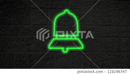 Glowing green neon bell sign on textured brick wall, symbolizing notifications 128296347