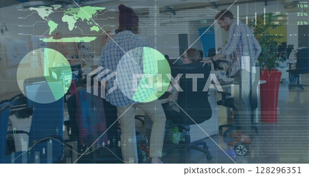 Image of financial data processing over business people Image of financial data processing over business people 128296351
