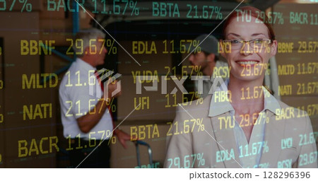 Image of financial data processing over delivery man loading up car outside of warehouse 128296396