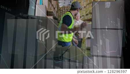 Statistical data processing against caucasian male worker stacking delivery boxes in delivery van 128296397