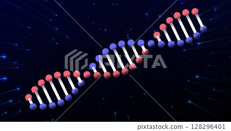 Digital image of dna structure spinning against blue shining particles on black background Digital image of dna structure spinning against blue shining particles on black background 128296401