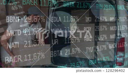 Image of financial data processing over delivery man loading up car outside of warehouse Image of financial data processing over delivery man loading up car outside of warehouse 128296402