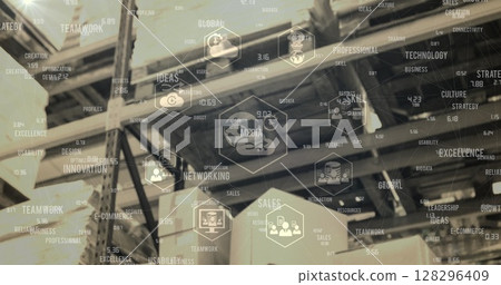 Network of digital icons and business concept texts against warehouse in background 128296409