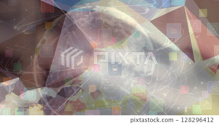 Image of globe with digital icons over blurred background 128296412