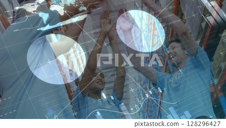 Statistical data processing against group of diverse volunteers making a hand stack at warehouse 128296427